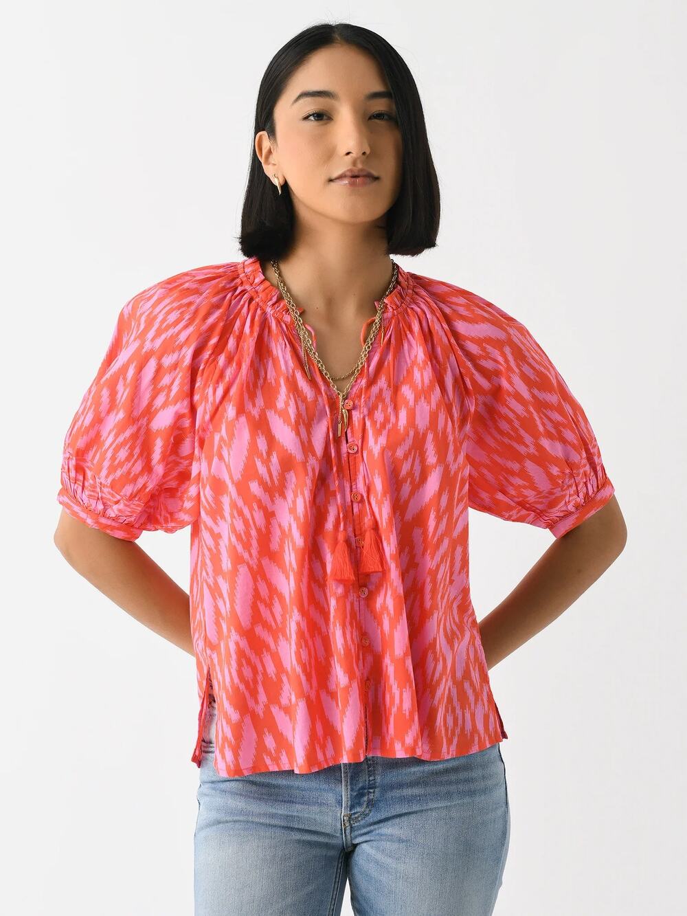 Tuckernuck Cleobella Malinda Boho Button Down Ikat Puff Sleeve Blouse Top Medium